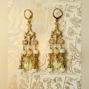 Victorian Yellow Opal Crystal & Glass  Gold Plated Chandelier Art Deco Earrings